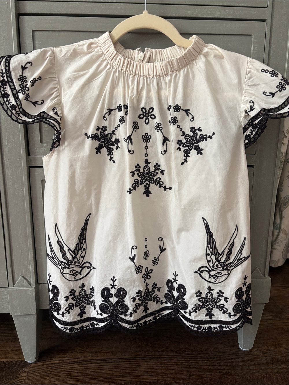 SEA New York Embroidered Ivory Flutter Sleeve Top with Black Embroidery